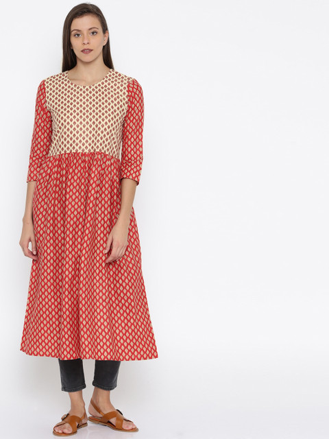 

Anouk Women Red & Beige Printed A-Line Kurta