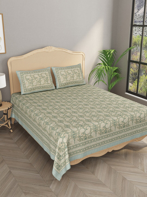 

Gulaab Jaipur Ethnic Motifs Printed 400 TC King Bedsheet with 2 Pillow Covers, Green