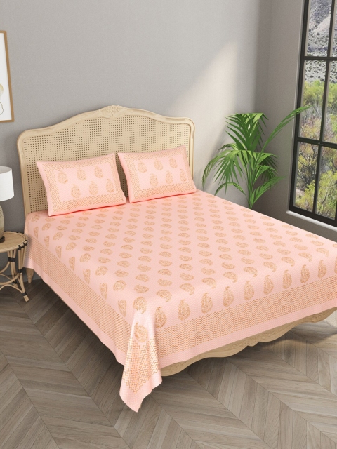 

Gulaab Jaipur Peach & Gold-Toned Ethnic Motifs King Bedsheet with 2 Pillow Cotton Covers