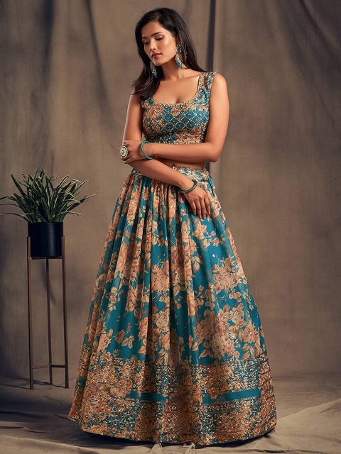 

Ethnic Yard Blue & Brown Embroidered Semi-Stitched Lehenga & Unstitched Blouse With Dupatta