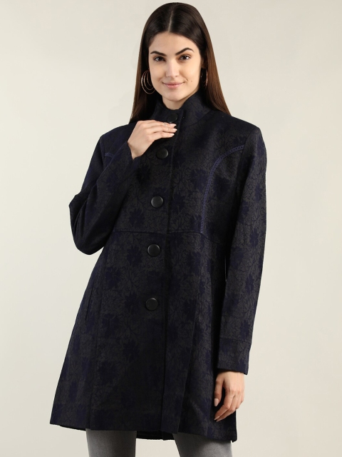 

HANG N HOLD Women Printed Trench Coats, Navy blue