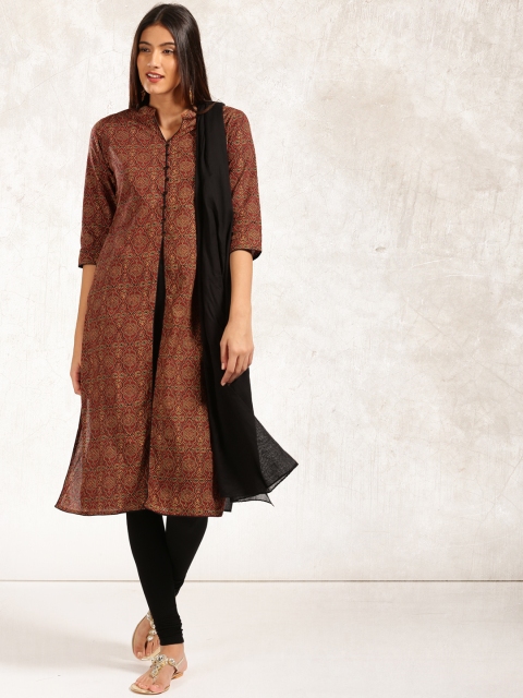 

Anouk Women Maroon & Black Printed Kurta with Churidar & Dupatta