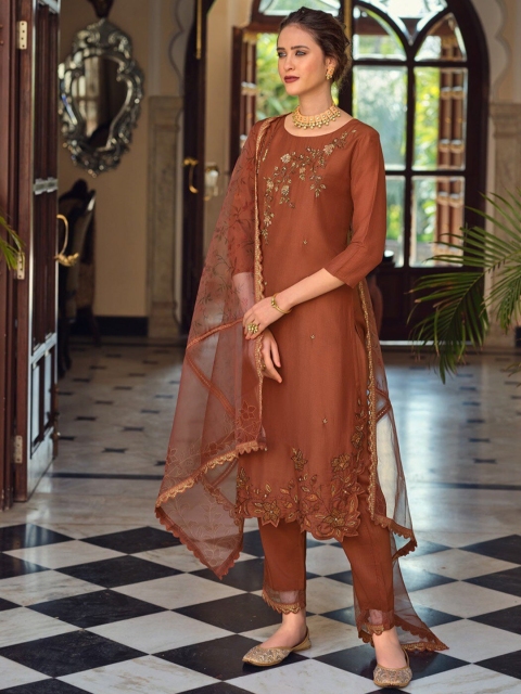 

AUTUMN LANE Women Brown Floral Embroidered Sequinned Kurta with Trousers & Dupatta