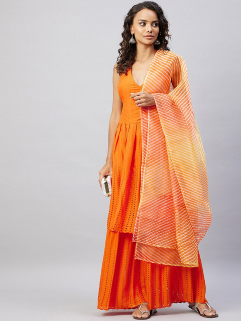 

InWeave Women Embroidered Kurta with Sharara & Dupatta, Orange