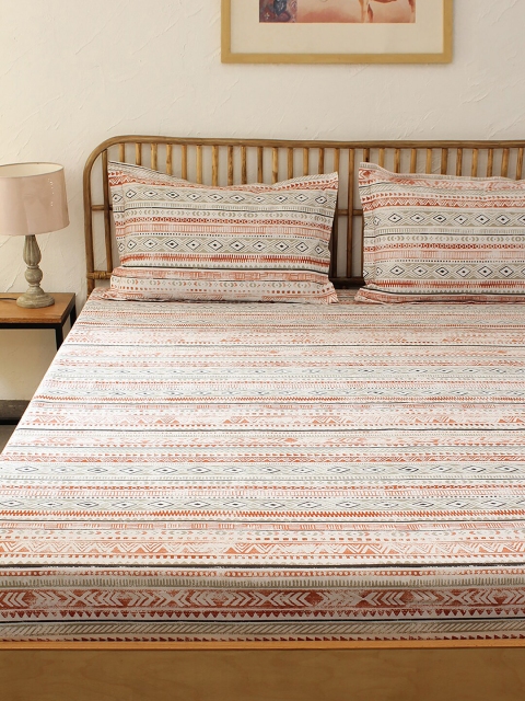

House This Brown & Red Geometric 180 TC King Bedsheet with 2 Pillow Cotton Covers