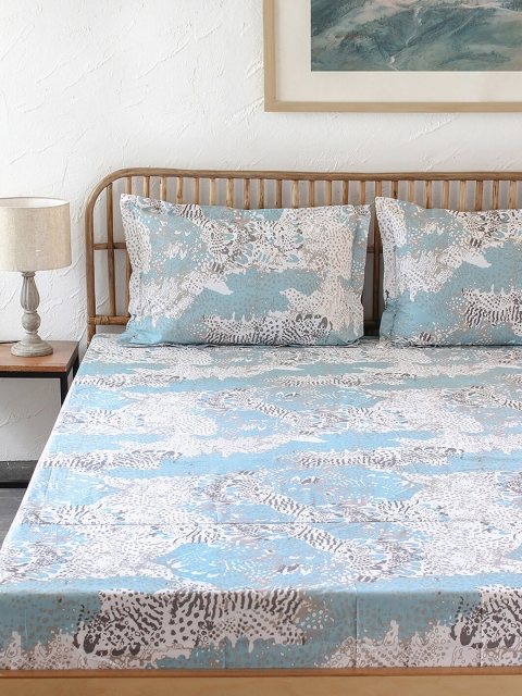 

House This Blue & White 180 TC King Bedsheet with 2 Pillow Cotton Covers