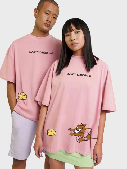 

Bewakoof Unisex Printed Drop-Shoulder Sleeves Loose T-shirt, Pink
