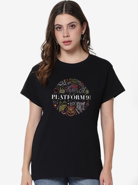 

Bewakoof Women Printed Cotton T-shirt, Black