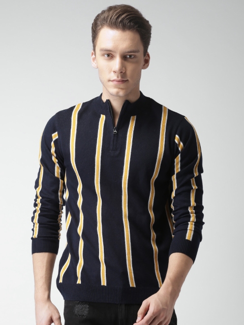

Harvard Men Navy Blue & Mustard Yellow Striped Pullover
