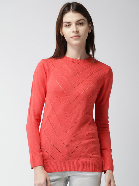 

Harvard Women Coral Pink Self-Design Sweater