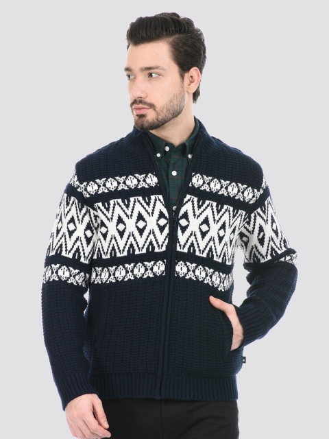 

LONDON FOG Men Navy Blue & White Ribbed Cardigan