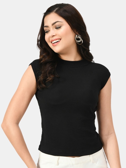 

RIYA Women Black High Neck Extended Sleeves Fitted Top