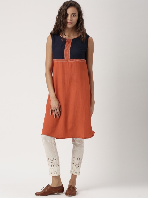

IMARA Women Rust & Navy Blue Colourblocked A-Line Kurta