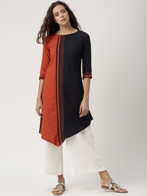 

IMARA Women Orange & Navy Blue Colourblocked A-Line Asymmetric Kurta