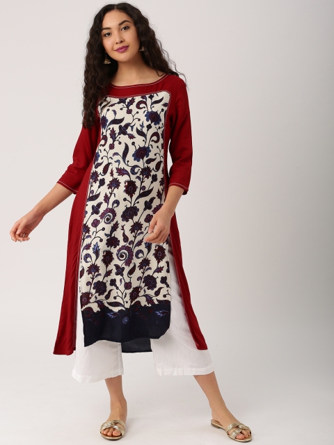 

IMARA Women Maroon & Off-White Printed Straight Kurta