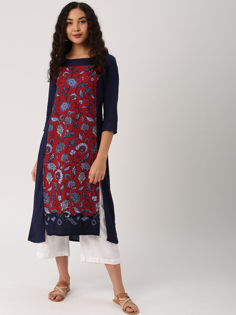 

IMARA Women Navy & Maroon Printed Straight Kurta, Navy blue
