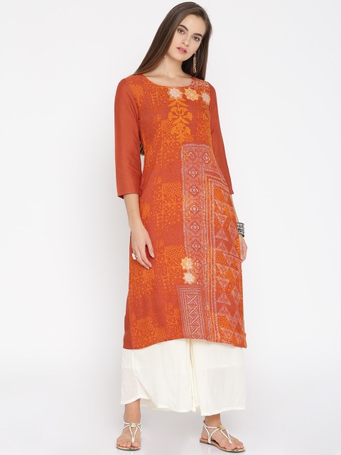 

IMARA Women Rust Orange Printed Straight Kurta