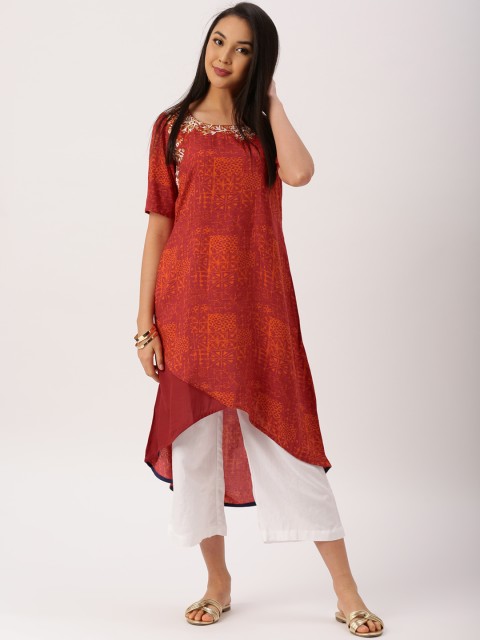

IMARA Women Rust Red Printed High-Low Kurta
