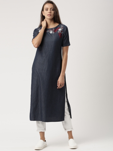 

IMARA Women Blue Embroidered Straight Denim Kurta