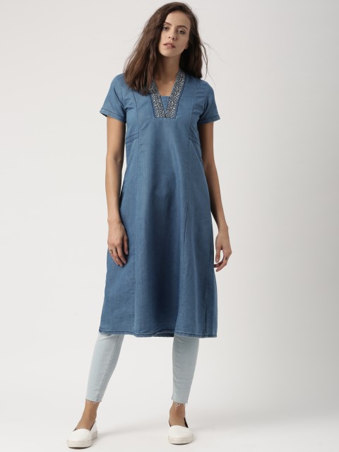 

IMARA Women Blue Embroidered A-Line Denim Kurta