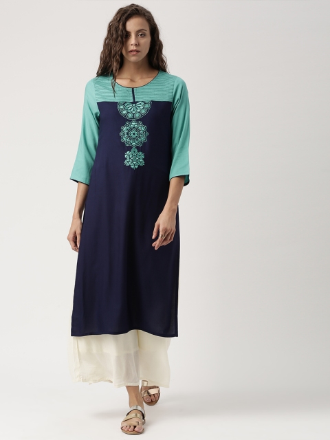 

IMARA Women Navy Blue Yoke Design Straight Kurta