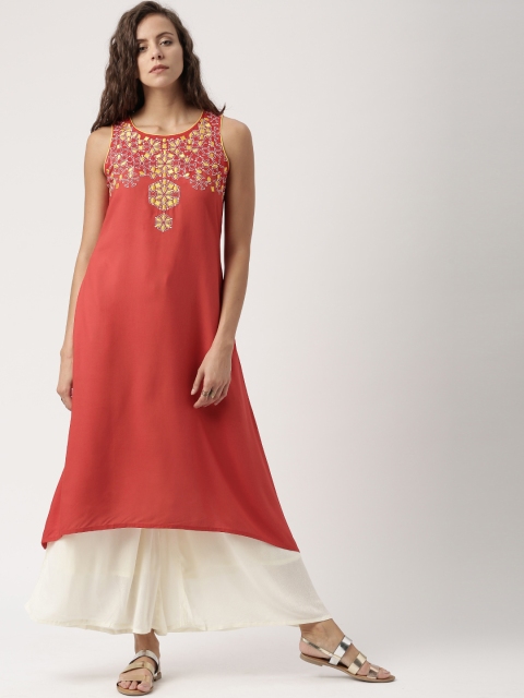 

IMARA Women Red Embroidered A-Line Kurta