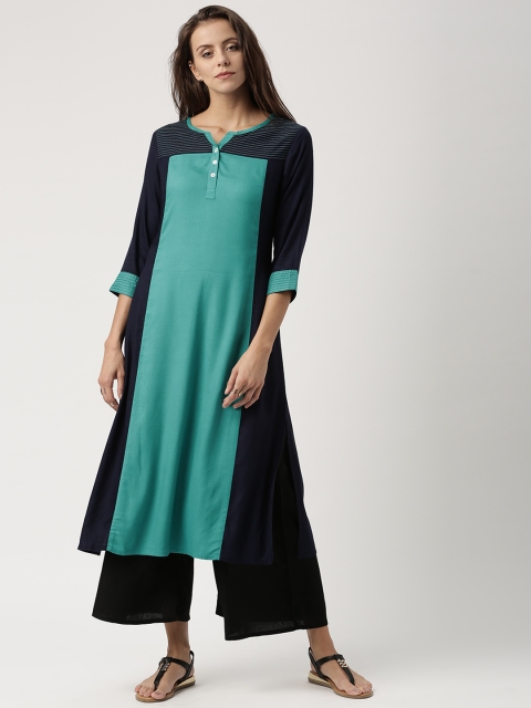 

IMARA Women Navy & Teal Green Colourblocked A-Line Kurta, Navy blue