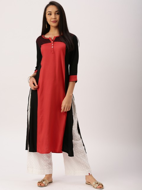 

IMARA Women Black & Red Colourblocked A-Line Kurta
