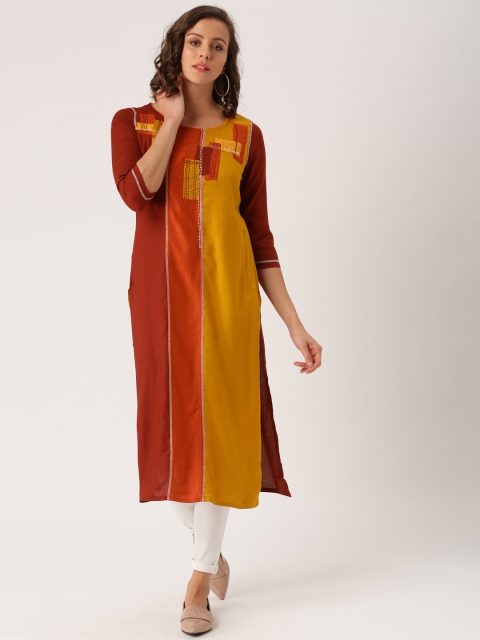 

IMARA Women Mustard & Maroon Woven Design A-Line Kurta