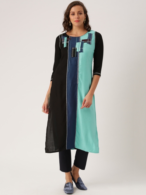 

IMARA Women Black & Sea Green Colourblocked & Patterned A-Line Kurta