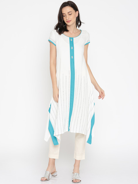 

IMARA Women White Striped Asymmetric A-Line Kurta