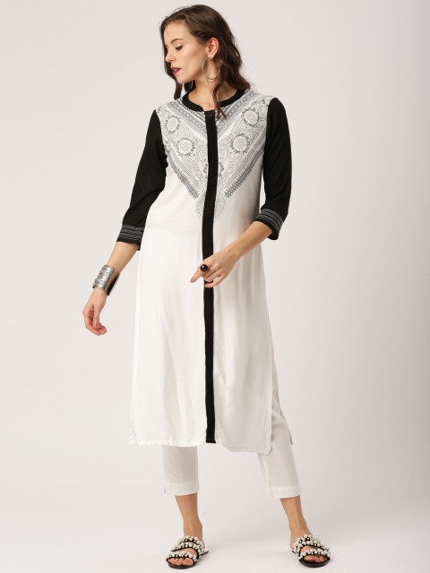 

IMARA Women White & Black Yoke Design Straight Kurta