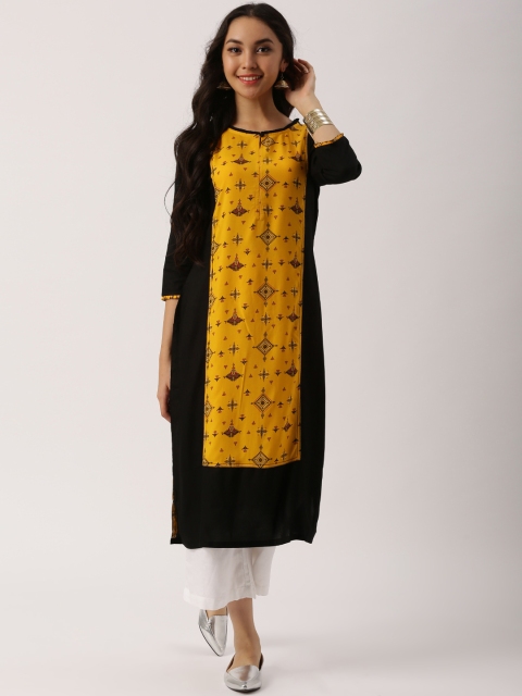 

IMARA Women Black & Mustard Yellow Printed Straight Kurta