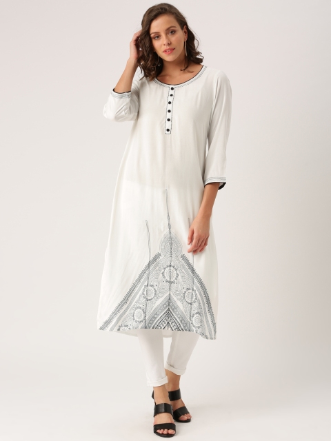 

IMARA Women White Woven Design A-Line Kurta