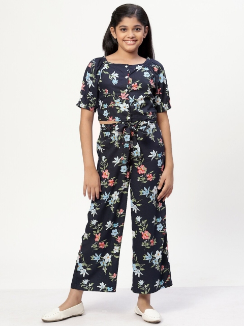 

CACA CINA Girls Printed Top with Palazzos Set, Navy blue