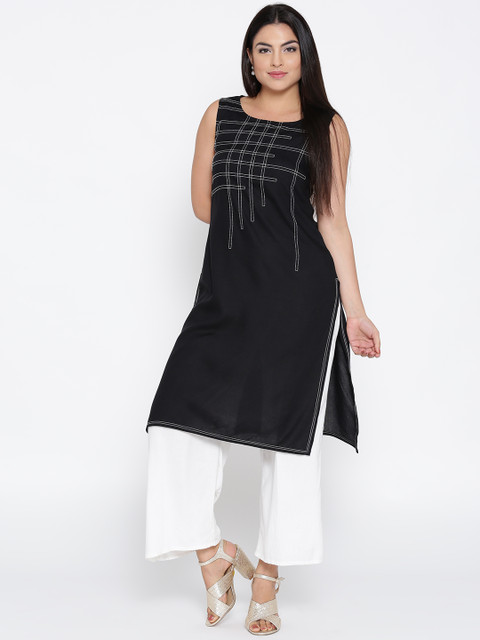 

IMARA Women Black Embroidered Straight Kurta