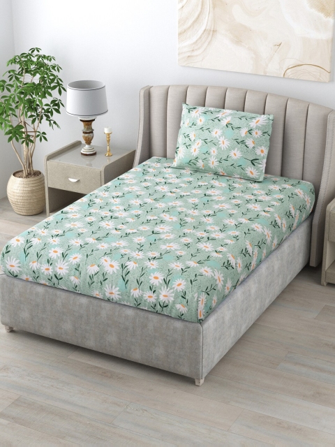 

BOMBAY DYEING Green & White Floral 120 TC Single Bedsheet with 1 Pillow Cotton Covers