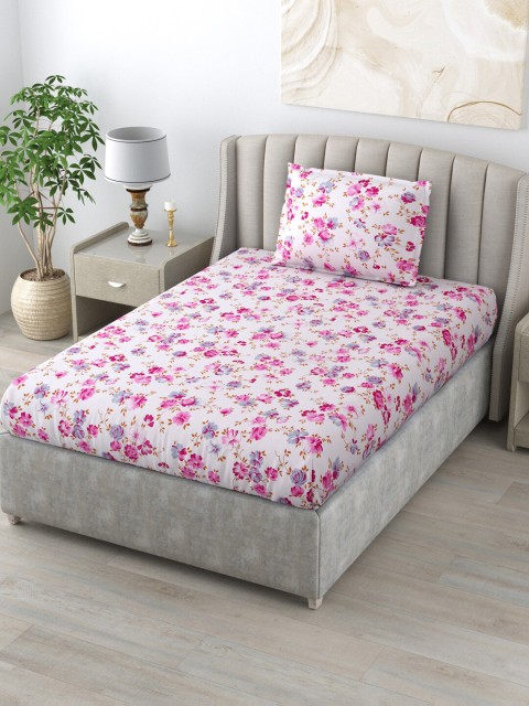 

BOMBAY DYEING White & Pink Floral 120 TC Single Bedsheet with 1 Pillow Cotton Covers