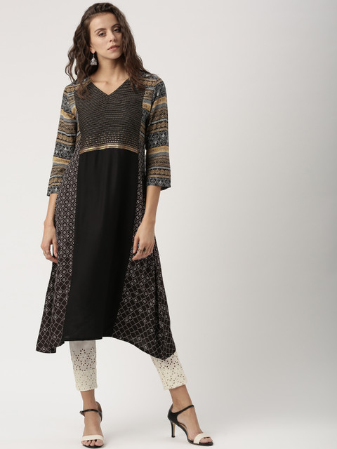 

IMARA Women Black Printed Asymmetric A-Line Kurta