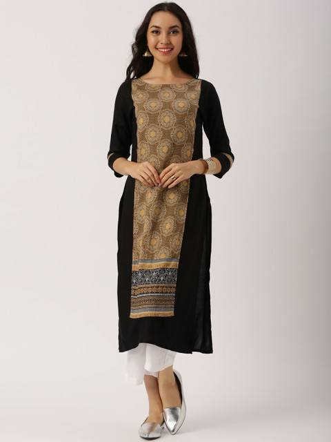 

IMARA Women Black & Beige Printed Layered Straight Kurta