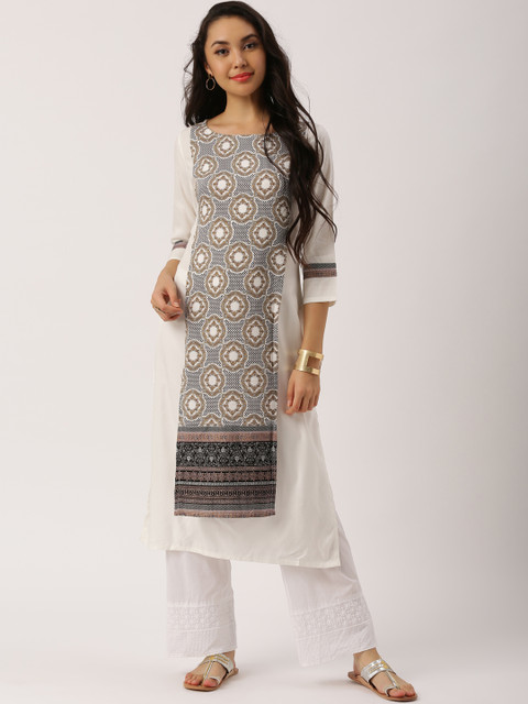 

IMARA Women White & Black Printed Layered Straight Kurta