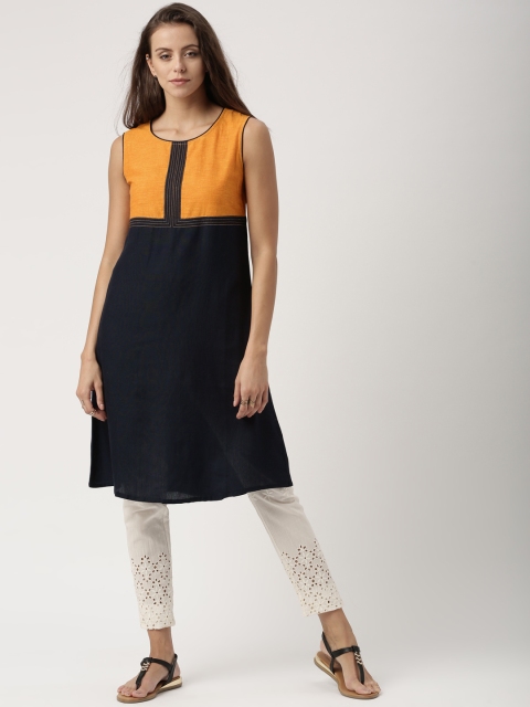 

IMARA Women Navy Blue & Yellow Colourblocked Straight Kurta