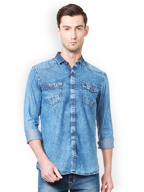 

Solly Jeans Co. Men Blue Custom Regular Fit Solid Casual Denim Shirt