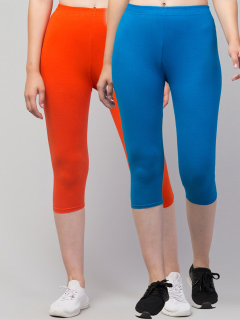 

Apraa & Parma Women Set Of 2 Solid Cotton Skinny Fit Capris, Blue