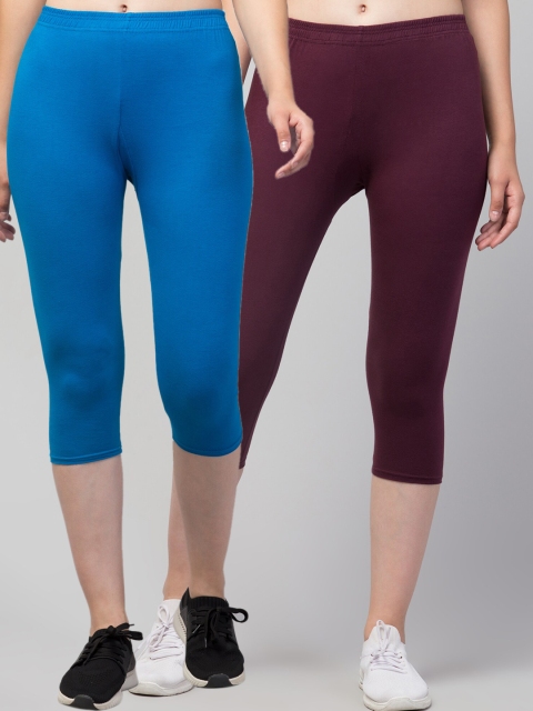 

Apraa & Parma Women Set Of 2 Solid Cotton Skinny Fit Capris, Blue