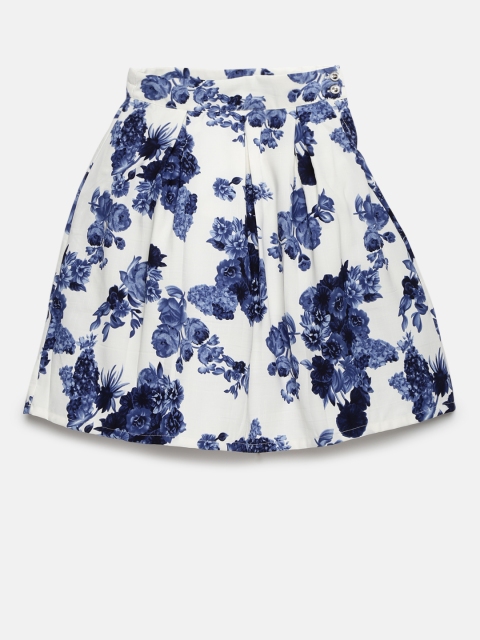 

Peppermint Girls White & Blue Printed Flared Skirt
