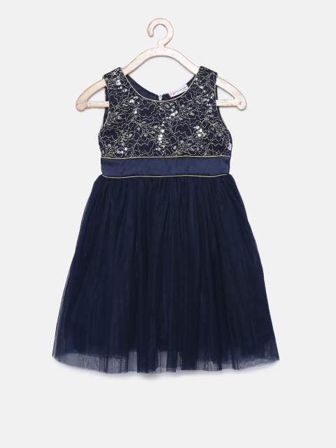 

Peppermint Girls Navy Blue Self Design Fit and Flare Dress