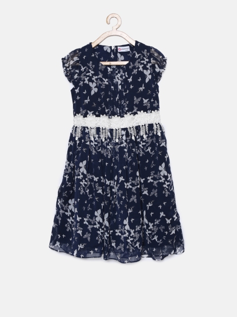 

Peppermint Girls Navy Blue Printed Fit and Flare Dress