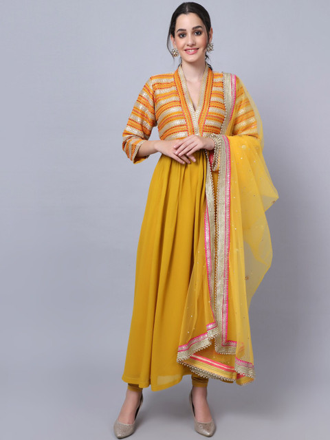 

anokherang Women Mustard Yellow Embroidered Thread Work Silk Georgette Kurta with Churidar & With Dupatta