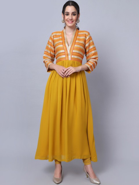 

anokherang Women Mustard Yellow Embroidered Thread Work Silk Georgette Kurta with Churidar